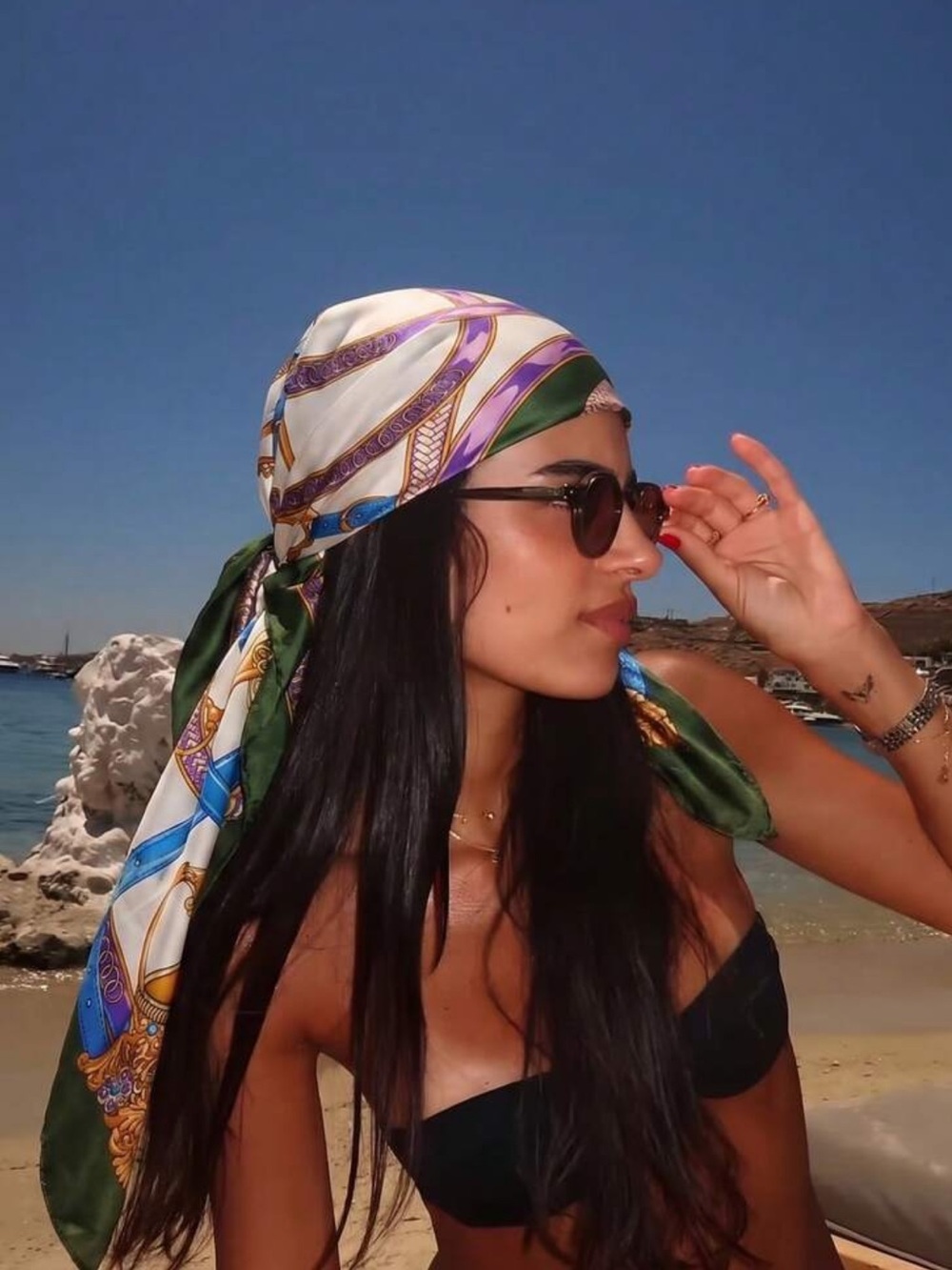 8 Other Reasons Silk-Print Headscarf in Green, White & Purple